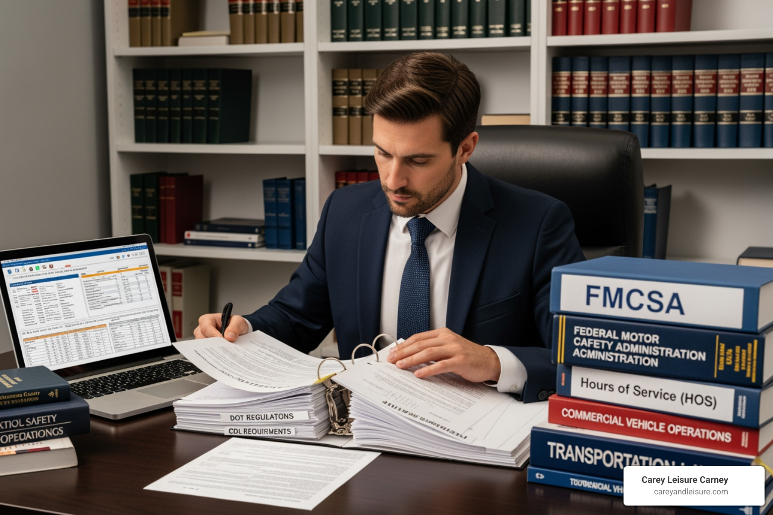 specialized lawyer reviewing federal trucking regulations