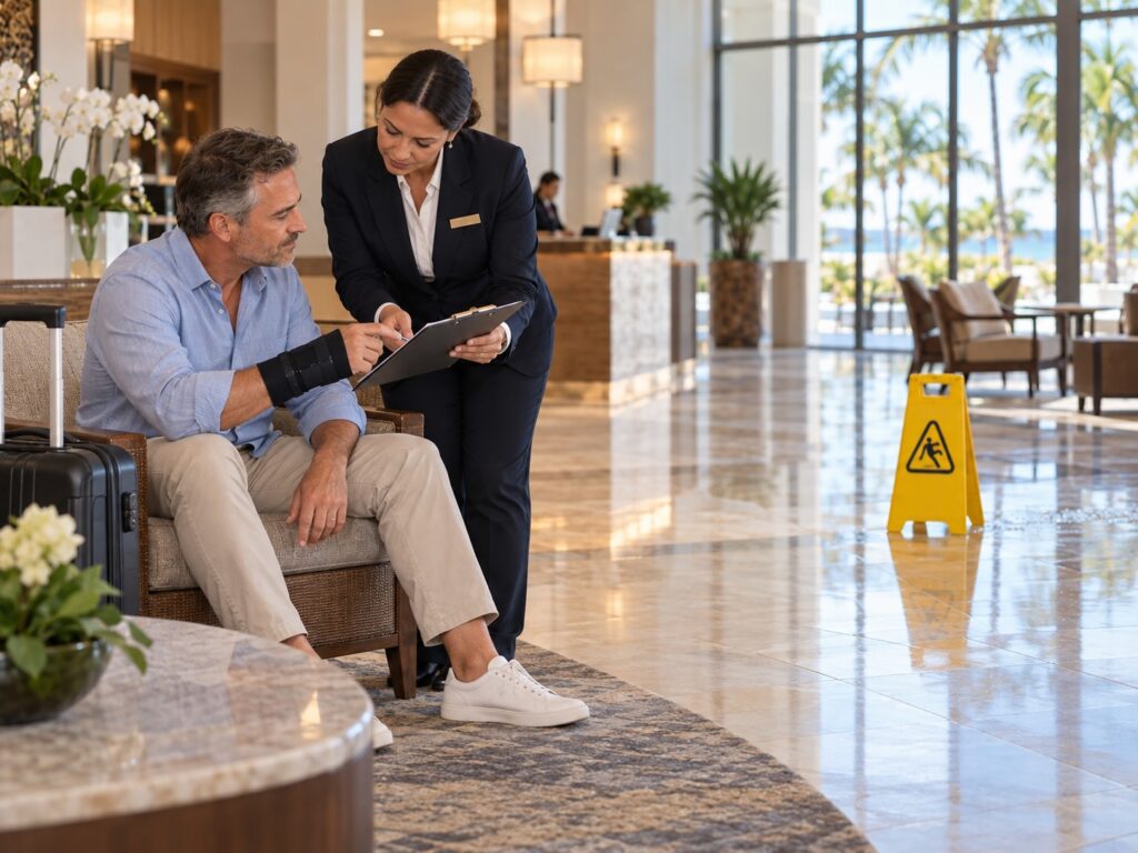 Injured hotel guest completing an incident report with a resort manager
