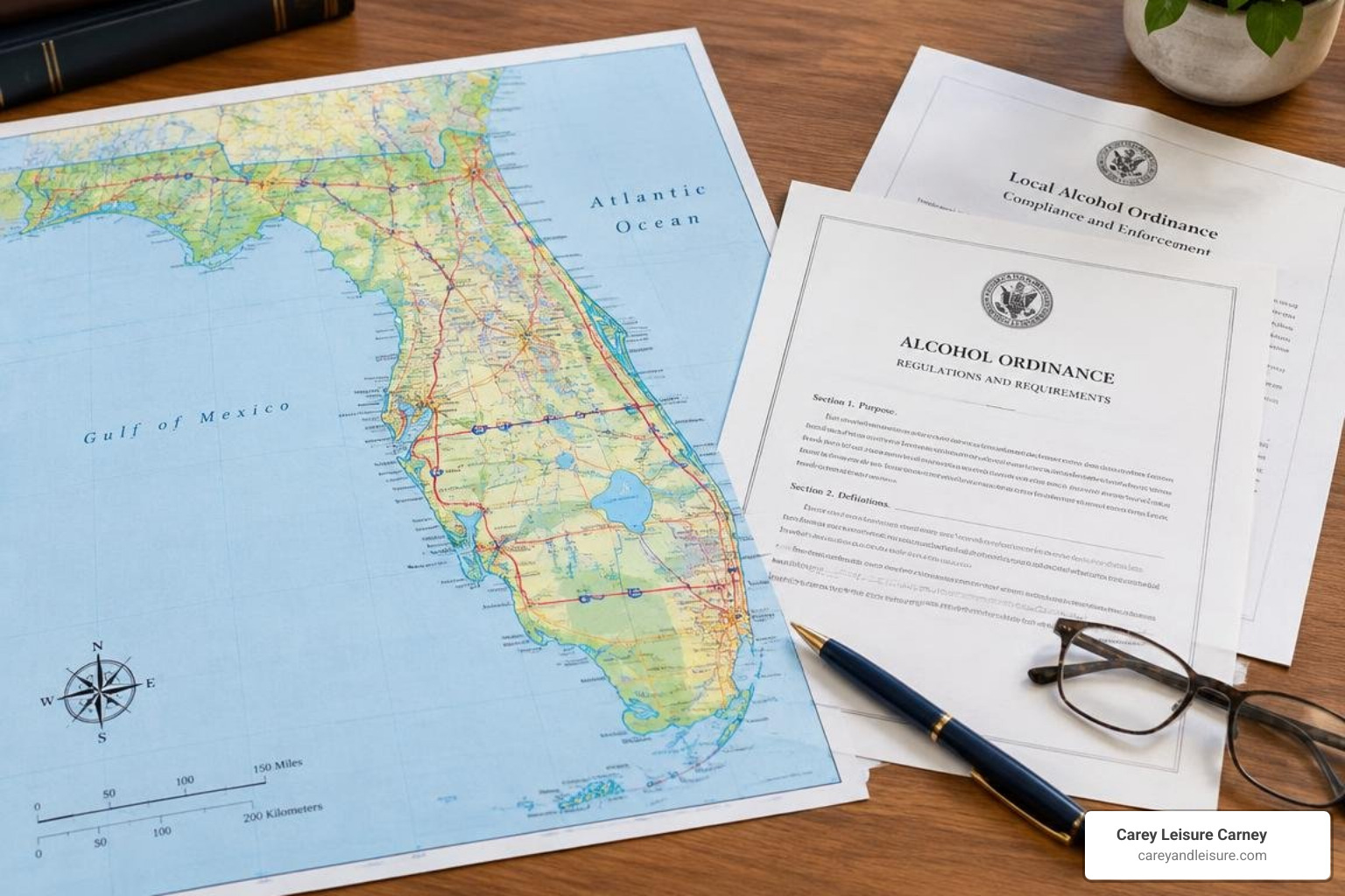 Florida map beside local alcohol ordinance documents