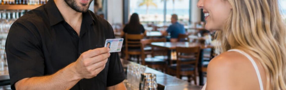 bartender checking a driver's license at a Florida restaurant