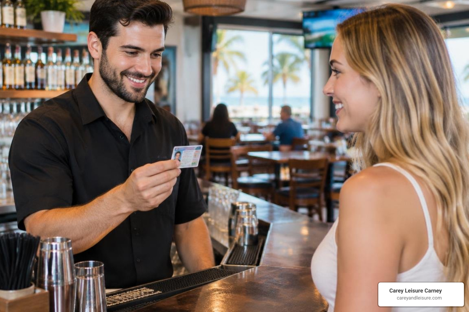 bartender checking a driver's license at a Florida restaurant