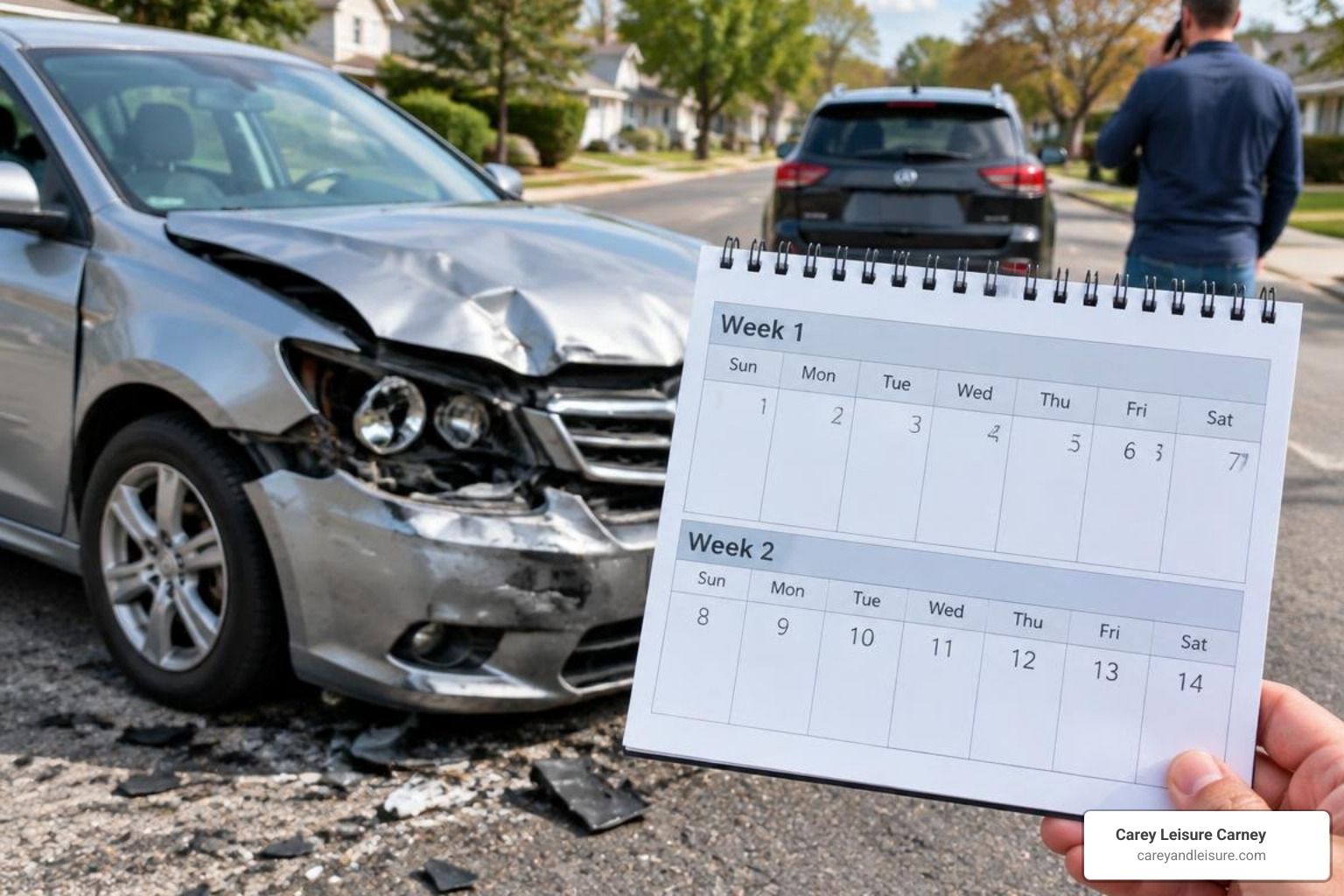car crash scene with a calendar showing two weeks