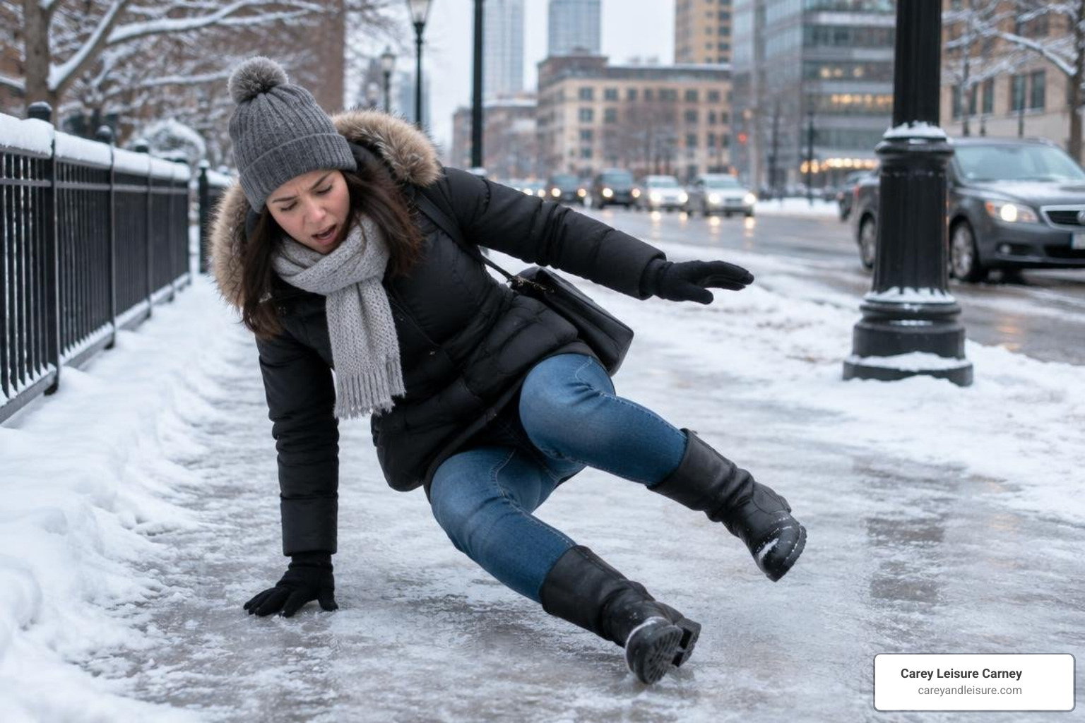 Pedestrian slipping on an icy walkway